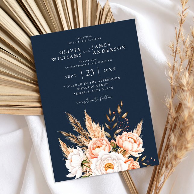 Navy Blue Boho Chic Floral Wedding  Invitation (Creator Uploaded)