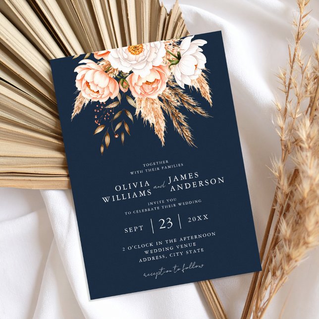Navy Blue Boho Chic Floral Wedding  Invitation (Creator Uploaded)