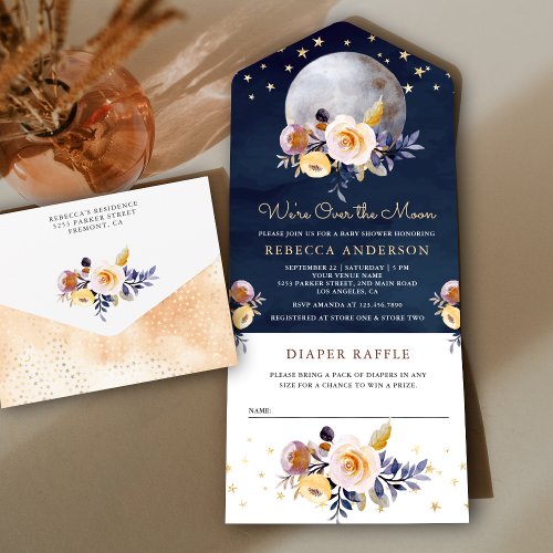 Navy Blue Boho Earthy Floral Moon Baby Shower All In One Invitation