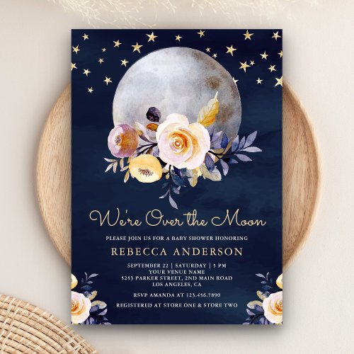 Navy Blue Boho Earthy Floral Moon Baby Shower Invitation