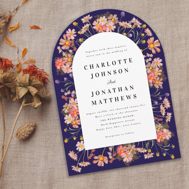 Navy Blue Boho Fall Wildflower Arch Wedding Invitation (Navy blue boho rustic floral arch fall wedding invitation Watercolor wildflowers elegant modern )