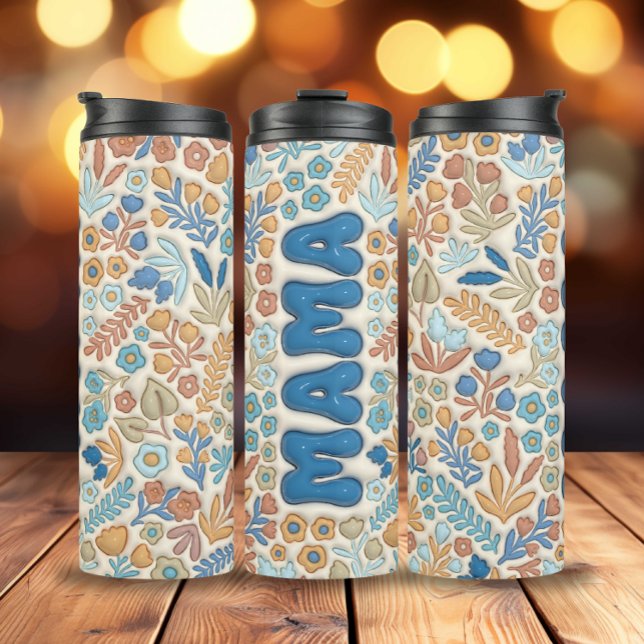 Navy Blue Boho Floral 3D Effect Mama Thermal Tumbler (3D Inflated Navy Blue Boho Flowers Mama Thermal Tumbler)