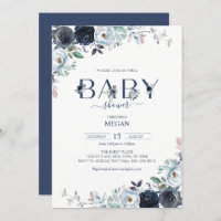 Navy Blue Boho Floral Baby Shower Invitation