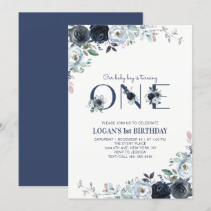Navy Blue Boho Floral Boy 1st Birthday Party Invitation