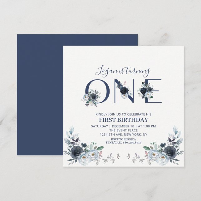 Navy Blue Boho Floral Boy 1st Birthday Square Invitation (Front/Back)
