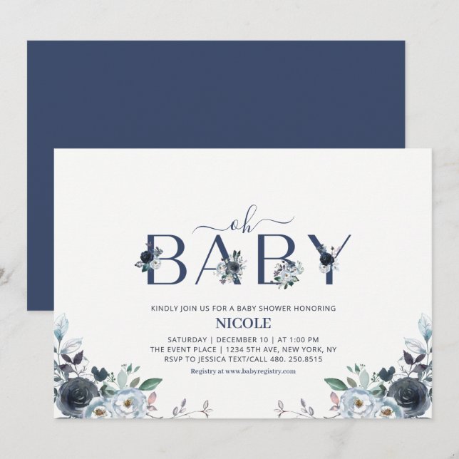 Navy Blue Boho Floral Boy Baby Shower Invitation (Front/Back)