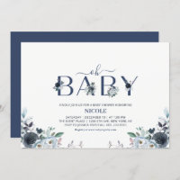 Navy Blue Boho Floral Boy Baby Shower Invitation