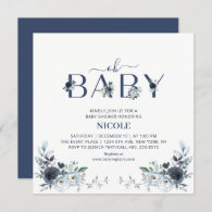 Navy Blue Boho Floral Boy Baby Shower Square Invitation