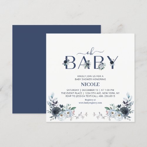Navy Blue Boho Floral Boy Baby Shower Square Invitation
