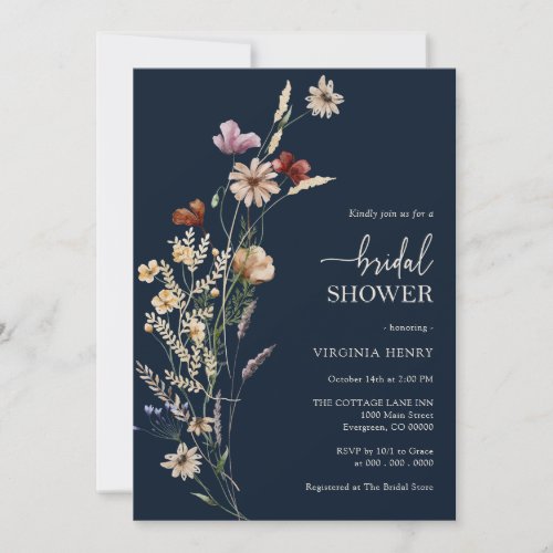 Navy Blue Boho Floral Bridal Shower Invitation