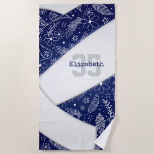 navy blue boho floral doodle pattern volleyball beach towel