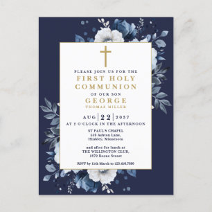 Navy Blue Boho Floral First Holy Communion Invite