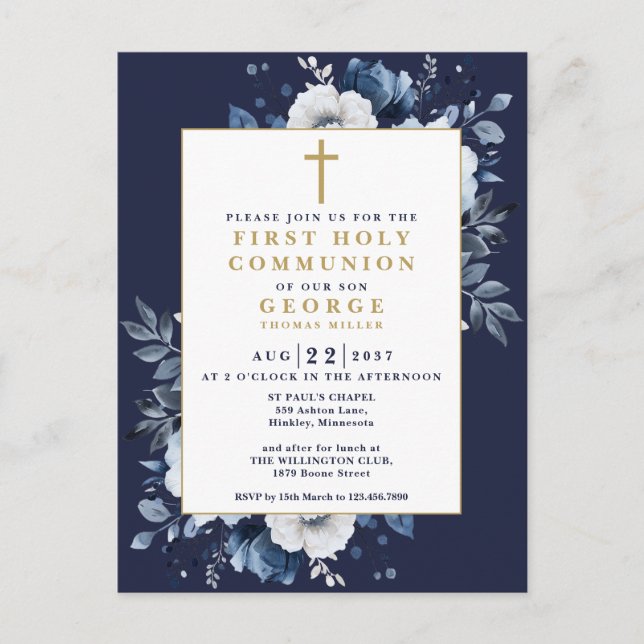 Navy Blue Boho Floral First Holy Communion Invite (Front)
