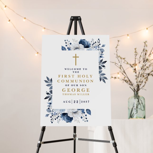 Navy Blue Boho Floral Holy Communion Welcome Sign (In Situ (Stand))