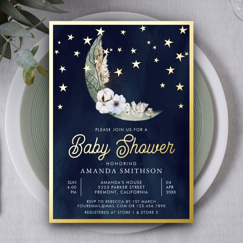 Navy Blue Boho Floral Moon Stars Baby Shower Gold Foil Invitation