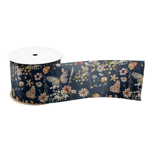 Navy Blue Boho Floral Ribbon