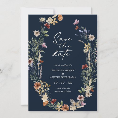 Navy Blue Boho Floral Save The Date