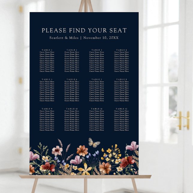 Navy Blue Boho Floral Seating Chart Foam Board (Navy Blue Boho Floral Seating Chart Foam Board with Butterfly by Painted Paperie
)