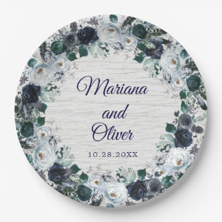 Navy Blue Boho Floral Wedding Paper Plates