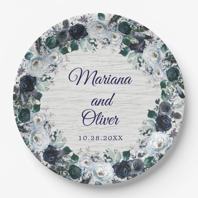 Navy Blue Boho Floral Wedding Paper Plates (Front)