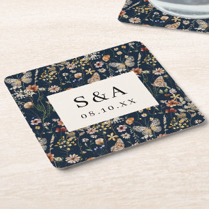 Navy Blue Boho Floral Wedding Square Paper Coaster
