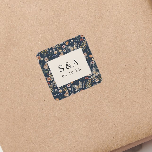 Navy Blue Boho Floral Wedding Square Sticker (Navy Blue Boho Floral Wedding Square Sticker Monogram by Painted Paperie
)