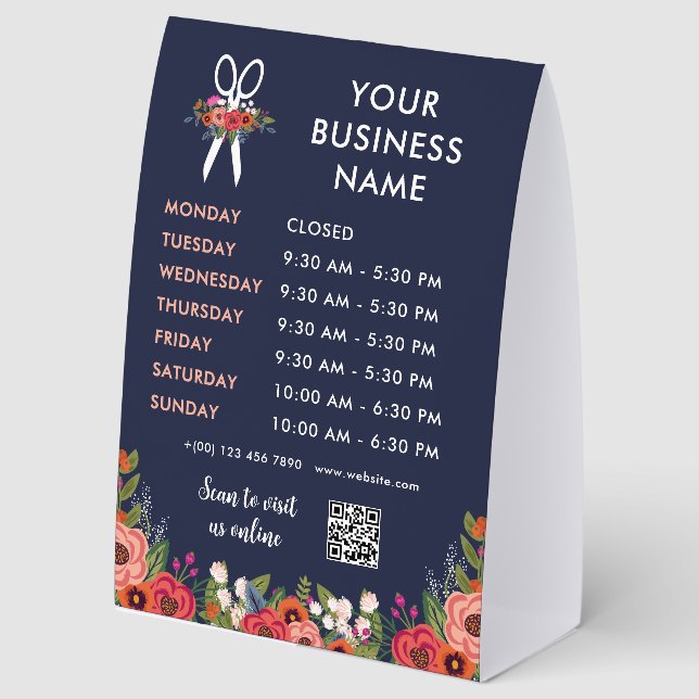 Navy Blue Boho Flowers Open Hours Hair Salon Paper Table Tent (Front)