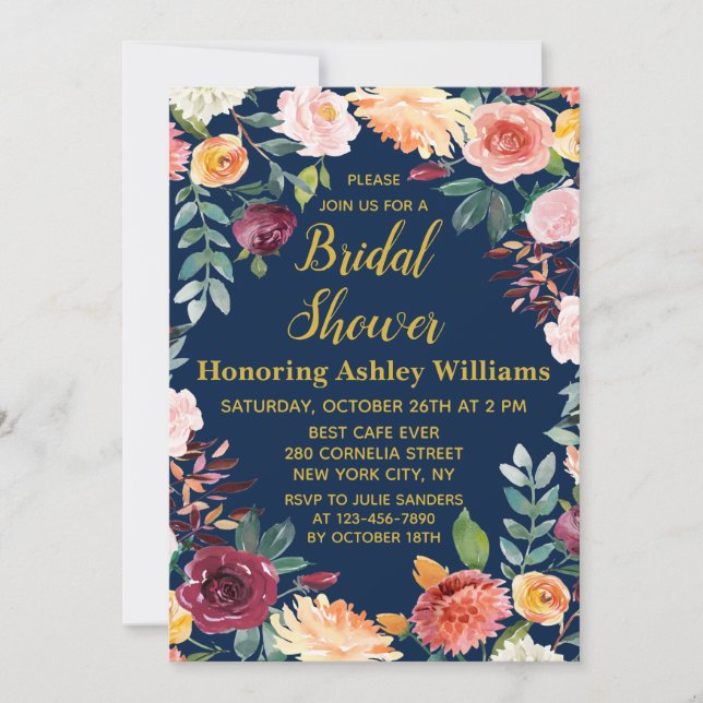 Navy Blue Boho Greenery Fall Floral Bridal Shower  Invitation (Front)