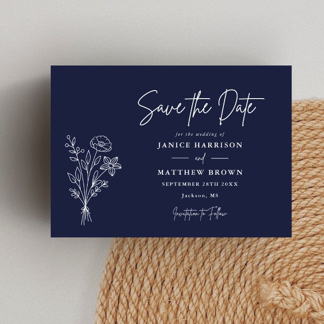Navy Blue Boho Minimalist Botanicals Photo Wedding Save The Date (Navy blue boho botanical photo save the date adds refined elegance while announcing your wedding.)