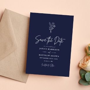 Navy Blue Boho Minimalist Botanicals Wedding Save The Date