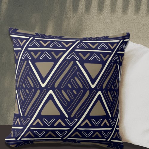 Navy Blue Boho Mudcloth Inspired Decorative Throw Pillow