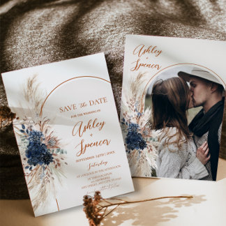 Navy Blue Boho Pampas Save The Date Card