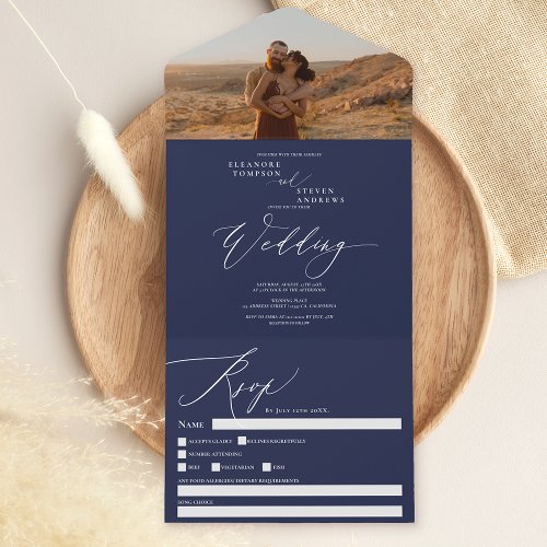 Navy blue boho photo chic calligraphy wedding all in one invitation