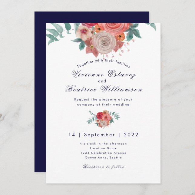 Navy blue boho red roses wedding invitation (Front/Back)
