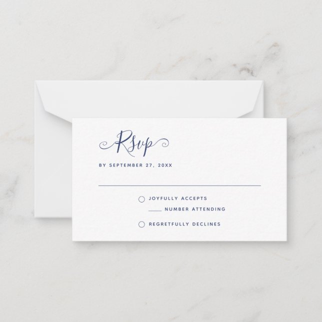 Navy Blue Boho Stylish Script RSVP Wedding Note Card (Front)