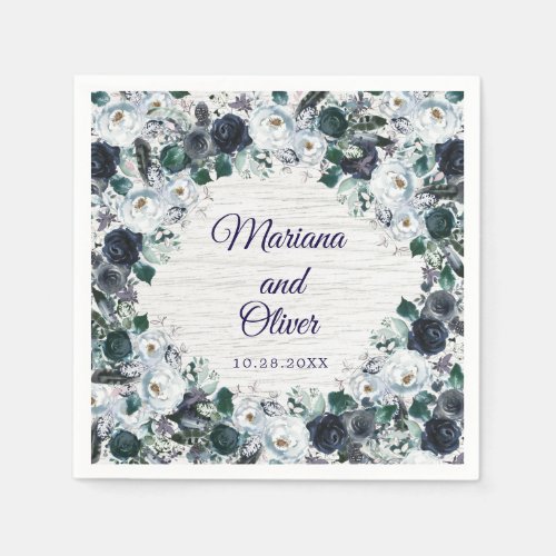 Navy Blue Boho Tribal Watercolor Floral Wedding Napkins