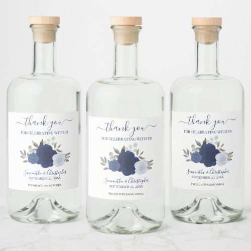 Navy Blue Boho Watercolor Roses Wedding Thank You Liquor Bottle Label