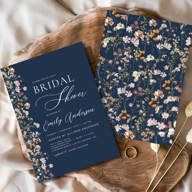 Navy Blue Boho Wildflower Bridal Shower Elegant Invitation (Creator Uploaded)