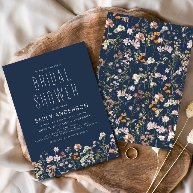 Navy Blue Boho Wildflower Bridal Shower Elegant Invitation (Creator Uploaded)