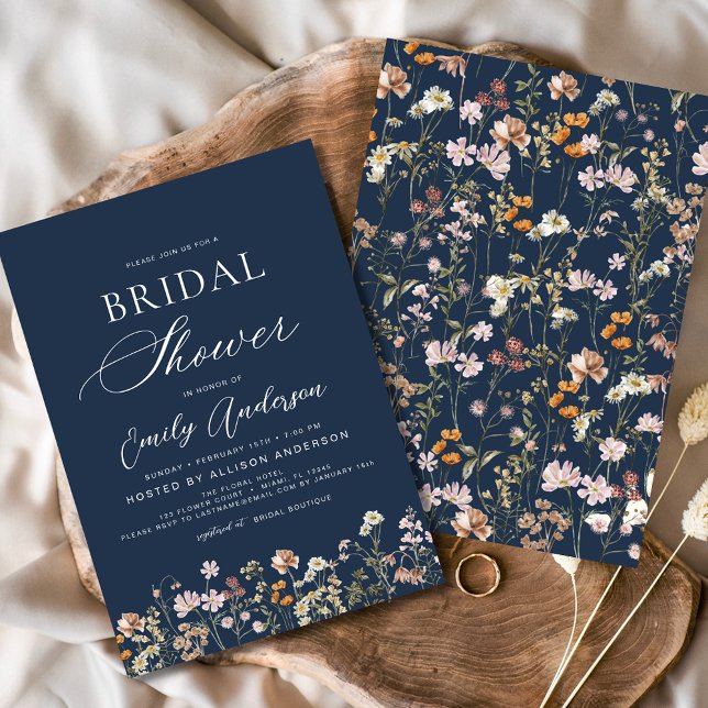 Navy Blue Boho Wildflower Bridal Shower  Invitation (Creator Uploaded)