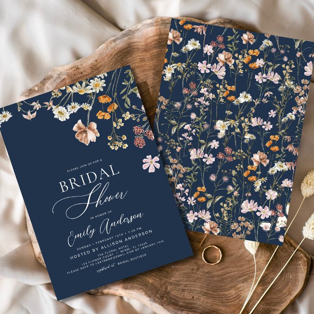 Navy Blue Boho Wildflower Bridal Shower Invitation (Creator Uploaded)