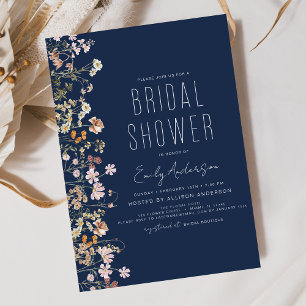 Navy Blue Boho Wildflower Bridal Shower  Invitation