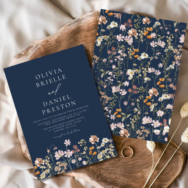 Navy Blue Boho Wildflower Garden Wedding Invitation (Creator Uploaded)