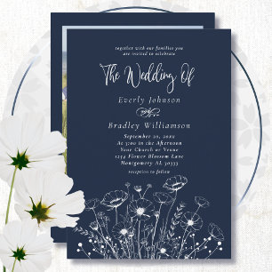 Navy Blue Boho Wildflower Minimal Floral Wedding  Invitation