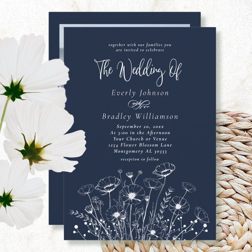 Navy Blue Boho Wildflower Minimal Floral Wedding  Invitation