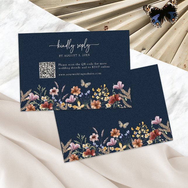 Navy Blue Boho Wildflower RSVP Card (Navy Blue Boho Wildflower RSVP Card QR Code by Painted Paperie
)