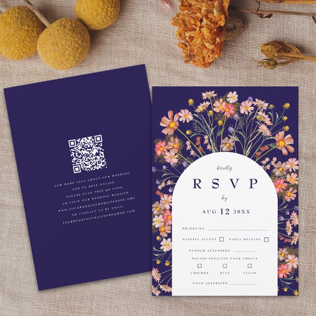 Navy Blue Boho Wildflower Rustic Floral Wedding RSVP Card (Boho fall rustic wildflower floral arch Navy blue and white wedding RSVP qr code card modern elegant)