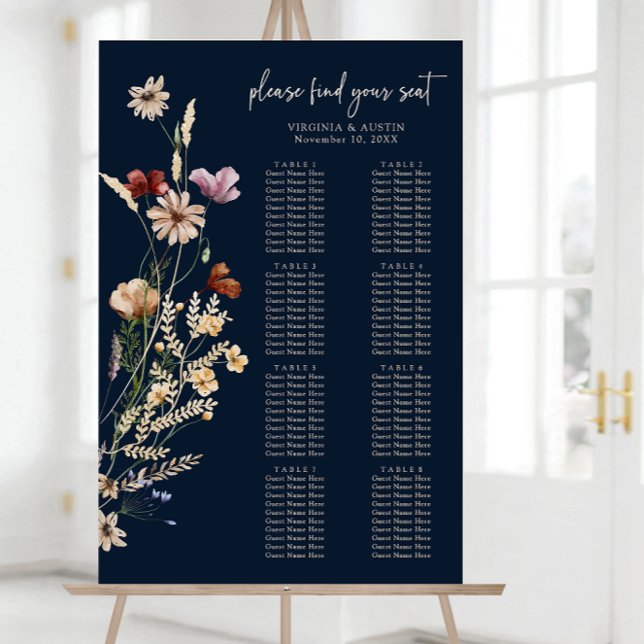 Navy Blue Boho Wildflower Seating Chart Foam Board (Navy Blue Boho Wildflower Seating Chart Foam Board by Painted Paperie
)