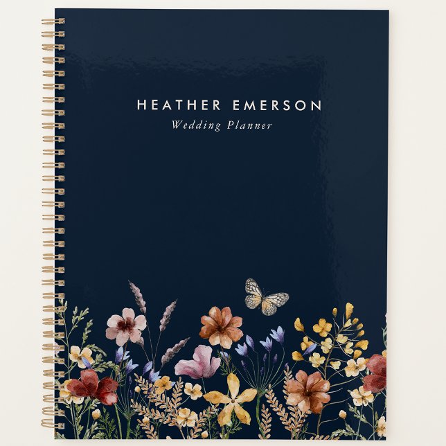 Navy Blue Boho Wildflowers Floral Planner (Navy Blue Boho Wildflowers Wedding Planner with Butterfly by Painted Paperie
)
