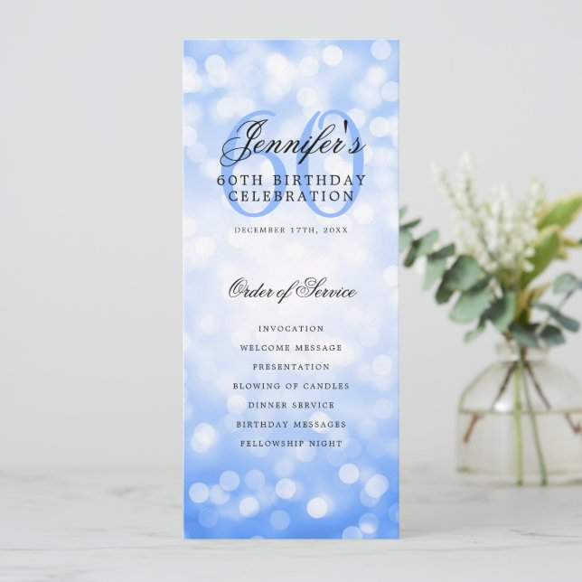 Navy Blue Bokeh 60th Birthday Program w/ Menu (Standing Front)